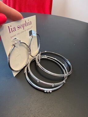 Lia Sophia Silver Hoop Earrings with Matching Silver Bangle Bracelets